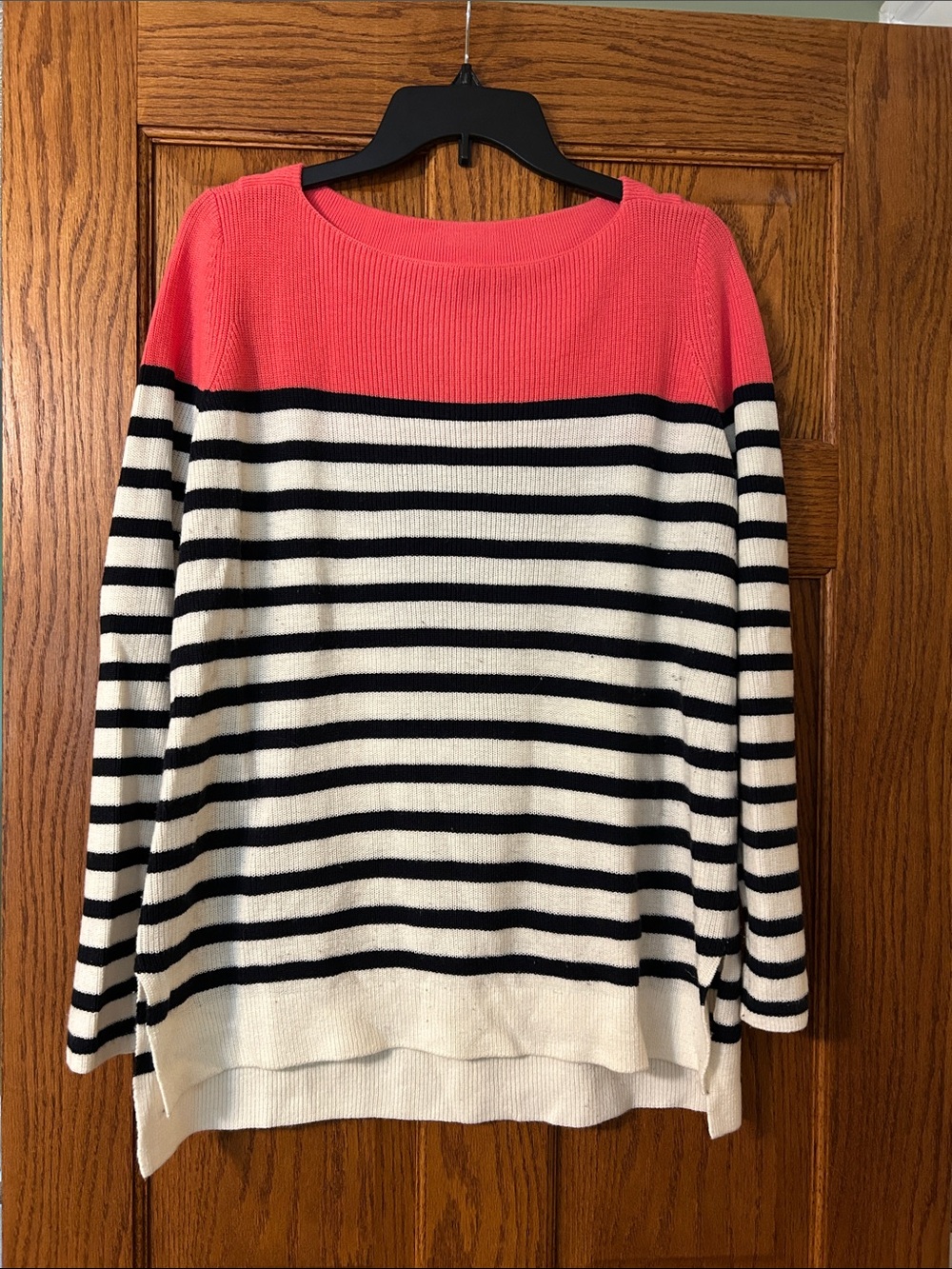 LOFT Coral and Navy Striped Boatneck Sweater